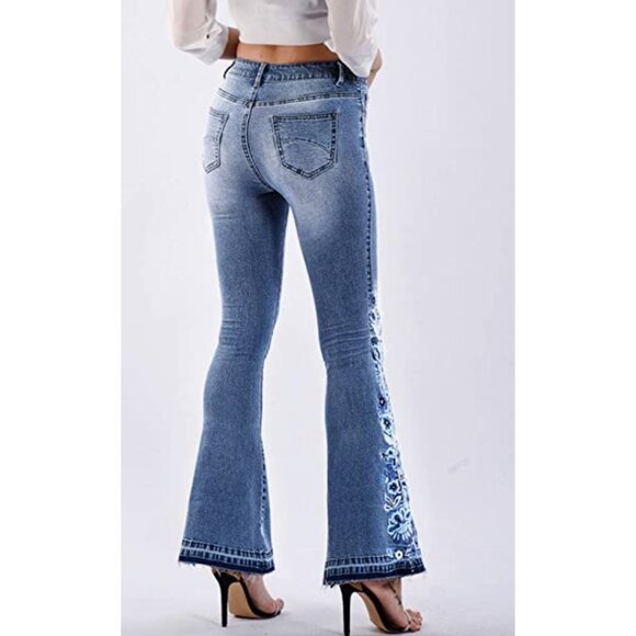Blue Floral Embroidered Patch High Waisted Flare Bell Bottom Denim Jeans Y2K - Picture 4 of 9
